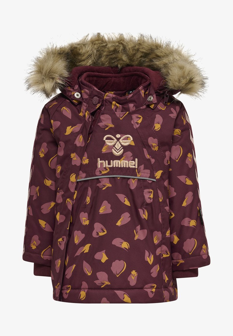 Bordowa kurtka ocieplana z kwiatowym wzorem w żółtym i purpurowym kolorze. Posiada kaptur z faux futra, haftowane logo oraz zapięcia na zatrzaski.