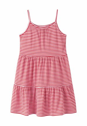 Robe sans manches à rayures horizontales rouges et blanches, à fines bretelles et jupe à volants froncés.