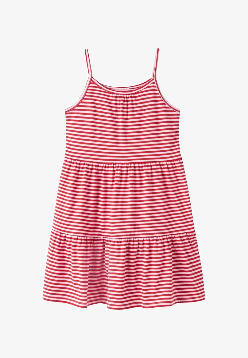 Robe sans manches à rayures horizontales rouges et blanches, à fines bretelles et jupe à volants froncés.
