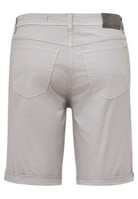 Light gray cotton shorts with rolled hems and two back pockets, featuring a subtle stitched design. Leather brand patch on waist.