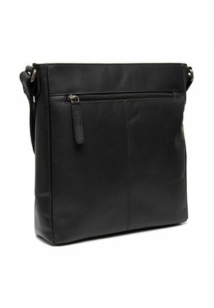 Black leather shoulder bag with a sleek, rectangular shape, featuring a zippered pocket on the front and a detachable shoulder strap.