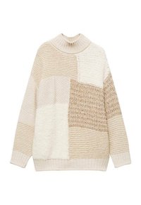 Beige Strickpullover mit einem Stehkragen, der ein Patchwork-Design mit unterschiedlichen Texturen und Farbtönen aufweist, einschließlich cremefarbener und hellbrauner Abschnitte.