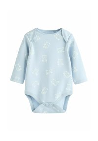 Ljusblå bodysuit med lång ärm och mönster av vita björnar, mjukt tyg och tryckknappslås i botten. Har rundad halsringning och manchetter vid ärmarna.