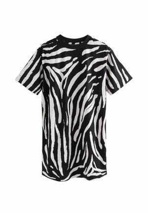 Black and white short-sleeve t-shirt featuring a zebra stripe pattern. Soft fabric with a relaxed fit and crew neckline.