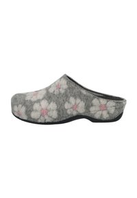 Gray felt clogs with a floral pattern featuring white flowers and pink accents. Rounded shape with a black rubber sole, slip-on design.