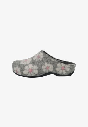 Gray felt clogs with a floral pattern featuring white flowers and pink accents. Rounded shape with a black rubber sole, slip-on design.