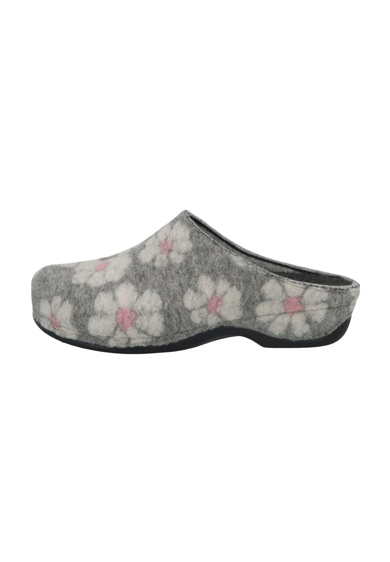 Gray felt clogs with a floral pattern featuring white flowers and pink accents. Rounded shape with a black rubber sole, slip-on design.