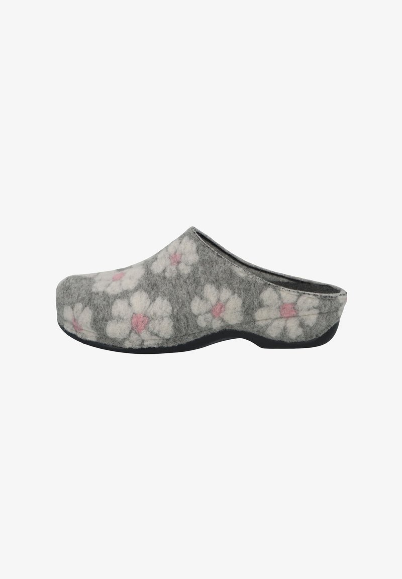 Gray felt clogs with a floral pattern featuring white flowers and pink accents. Rounded shape with a black rubber sole, slip-on design.