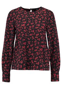 Blouse noire à manches longues avec un imprimé floral en rouge et rose. Présente un col rond et un détail en forme de goutte à l'arrière. Texture de tissu douce.