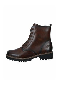 Bottes en cuir marron à cheville avec bout rond, design à lacets, tige texturée et semelle en caoutchouc noire robuste avec des détails de couture contrastants.