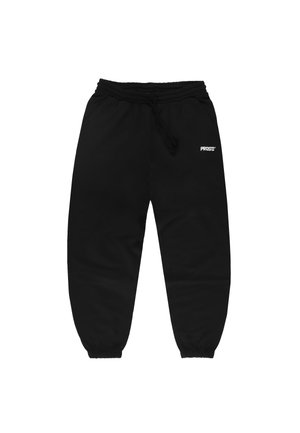 Czarne spodnie dresowe z elastycznym pasem i ściągaczami, sznurkiem oraz małym białym logo "PROSTO" na górnej lewej części uda.