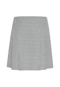 Jupe mini en noir et blanc à motifs pied-de-poule, avec une taille structurée, un design plissé et une silhouette évasée.