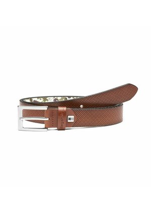 Brown leather belt with perforated texture, silver metal buckle, and floral-patterned interior. Features a logo accent and removable buckle.