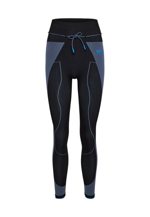 Sorte leggings med blå og grå accenter. Lavet af strækbart stof, med ribbet struktur, justerbar snor i taljen og flade syninger.