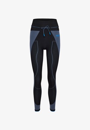 Sorte leggings med blå og grå accenter. Lavet af strækbart stof, med ribbet struktur, justerbar snor i taljen og flade syninger.