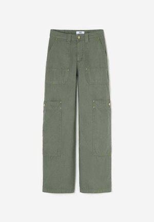 Olive green straight-leg cargo pants with large front and knee pockets, button and zip closure, and belt loops.