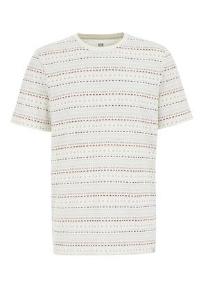 Short-sleeve t-shirt in light cream with horizontal patterned stripes in red, navy, and gray. Soft fabric, crew neck, relaxed fit.