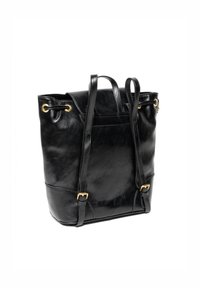 Sac fourre-tout en cuir noir de forme rectangulaire, doté de quincaillerie dorée, de poignées de épaule et d'un design froncé en haut.