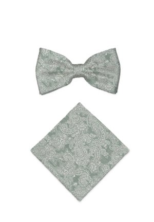 Hellgrüne Fliege mit Paisley-Muster und passendes Einstecktuch auf weißem Hintergrund.