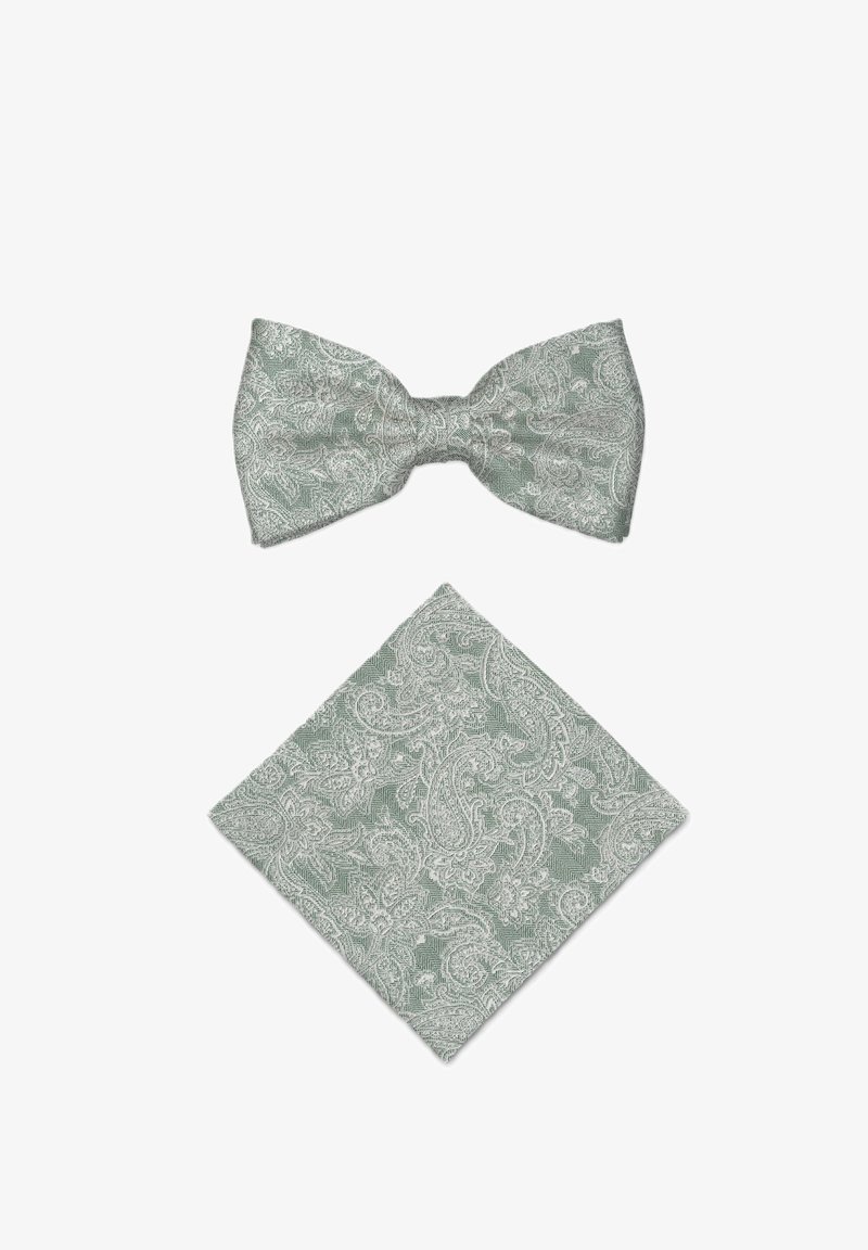 Nœud papillon vert clair à motifs cachemire avec pochette assortie sur fond blanc.