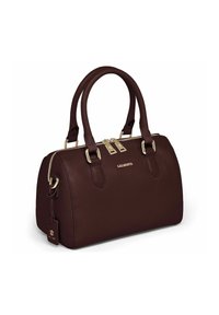 Bolso de piel burdeos oscuro con dos asas superiores, herrajes en tono dorado, cierre con cremallera y detalle del logo en la parte frontal. Acabado texturizado.