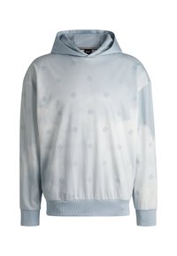 Gaiši zila kapuce, izgatavota no mīksta auduma, ar smalku logotipu rakstu, kas iestrādāts visā virsmā. Ietver kapuci ar aukliņu un ribotām piedurknēm.