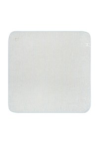 Striped rectangular mat in light blue and cream colors; soft texture with rounded corners; subtle branding tag in the bottom corner.