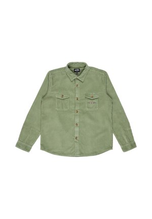 Long-sleeve light green corduroy shirt with button front, two chest pockets with buttons, and a small embroidered patch on the right pocket.