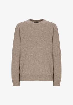 Suéter marrón claro hecho de tela suave, con cuello redondo y puños acanalados. El diseño es simple, sin patrones ni adornos.