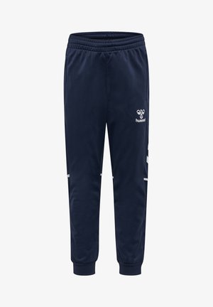 Pantaloni sportivi blu navy con vita e polsini elasticizzati, caratterizzati da logo bianco e accenti a chevron sul lato.