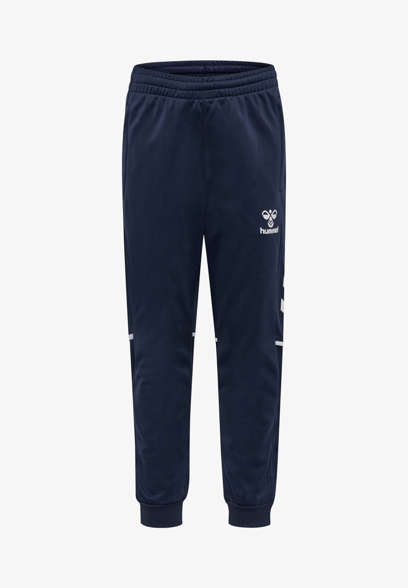Pantalon de sport bleu marine avec taille et poignets élastiques, ornés d'un logo blanc et d'accents en chevrons sur le côté.