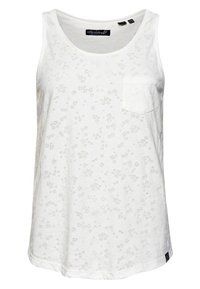 Biały top na ramiączkach wykonany z miękkiego materiału, z delikatnym kwiatowym wzorem, okrągłym dekoltem i kieszonką na lewej piersi. Klasyczny krój.