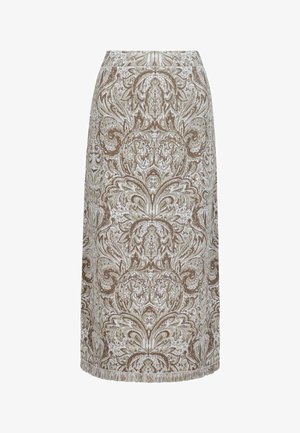 Beżowo-brązowa spódnica sięgająca kolan, ozdobiona misternymi, symetrycznymi wzorami kwiatowymi i paisley oraz niewielkim frędzlem na dole.