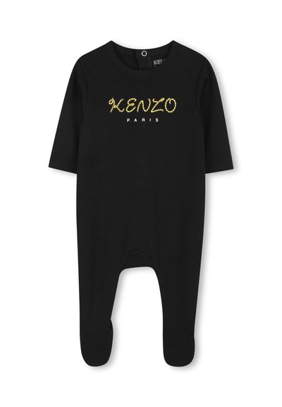 Body nero in cotone con maniche corte, design con piedini e testo ricamato in oro "KENZO PARIS" sul davanti.