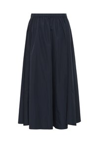 Gonna midi blu navy con cintura elastica, texture arricciata e pieghe laterali, realizzata in un tessuto leggero e morbido.