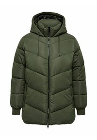 Doudoune verte olive avec capuche, dotée d'une fermeture éclair, d'un motif en chevrons, de poignets côtelés et de poches latérales pour plus de chaleur.