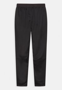 Schwarze Sportleggings mit elastischem Bund, glatter Textur und schmal zulaufenden Beinen. Keine auffälligen Muster oder Halterungen sichtbar.