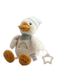 Soft plush duck toy with a beige body, orange beak, and textured feet. Features a light blue hat and scarf, with a small rainbow design on the chest.