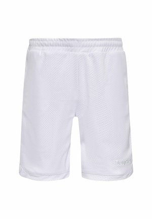 Valged sportlikud lühikesed püksid hingavast sissetõmmatavast pehmest kangast, elastse vöökoha ja logoga paremal aljnurgas.