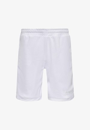 Witte sportshorts gemaakt van ademend meshmateriaal, met een elastische tailleband en een logo aan de onderzijde rechts.