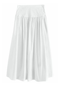 Jupe en coton blanc avec une taille ajustée, un design plissé et une coupe au genou, présentant une texture lisse et sans motifs visibles.