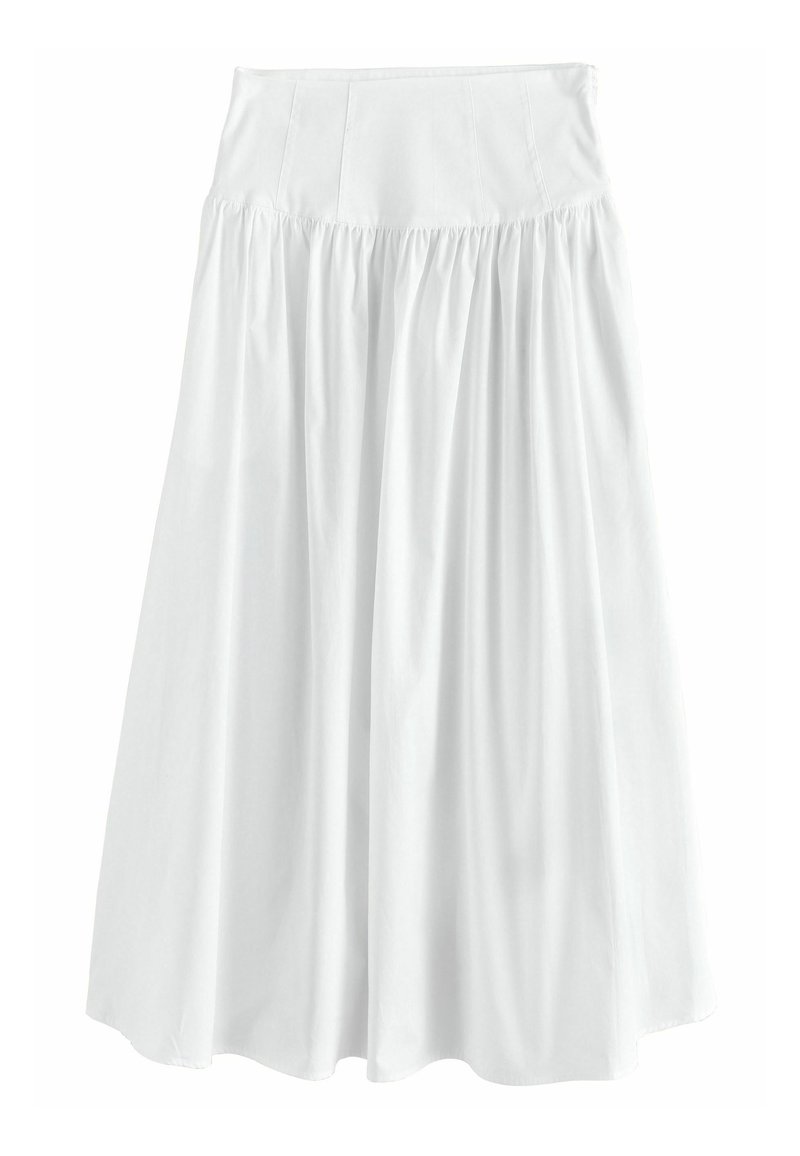 Jupe en coton blanc avec une taille ajustée, un design plissé et une coupe au genou, présentant une texture lisse et sans motifs visibles.