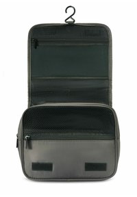 Szara torba na kosmetyki z grubszej tkaniny z hakiem, wyposażona w zamykaną kieszeń i siatkowe kieszonki, w strukturalnym kształcie i akcentami z rzepem.