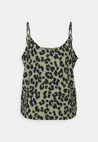 Leopardmønstret tanktop i olivengrøn med spaghetti-stropper og en afslappet pasform. Stoffet har en blød tekstur med en glat overflade.