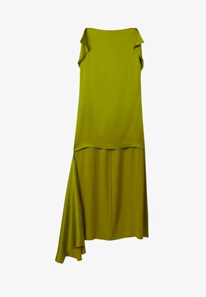 Abito asimmetrico di un vivace verde oliva. Realizzato in tessuto morbido, presenta spalline arricciate e un orlo fluente con un accento drappeggiato.
