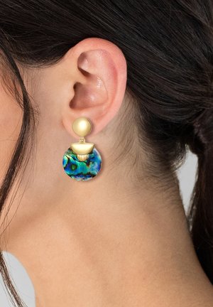 Goldfarbene Ohrringe mit einer runden Oberseite und einem kreisförmigen, schillernden Muschel-ähnlichen Unterteil, das blau-grüne Farbtöne und eine strukturierte Oberfläche aufweist.