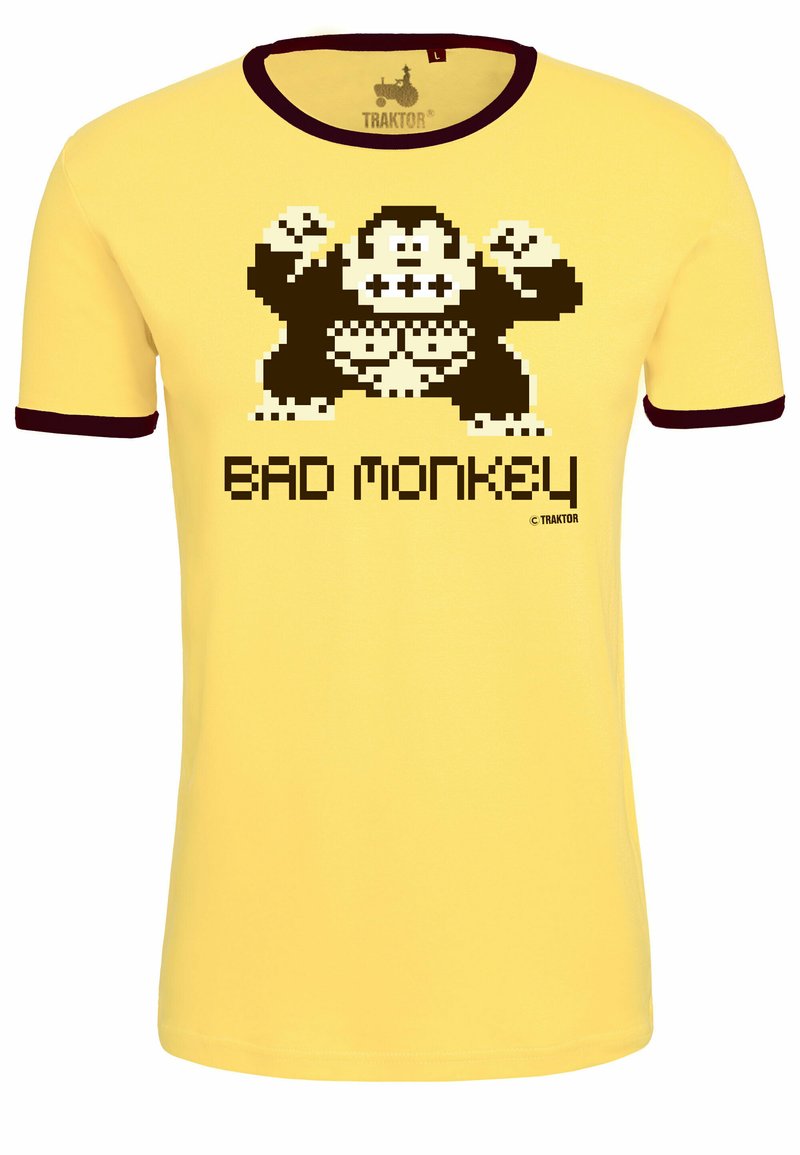 Yellow cotton t-shirt with a crew neck and maroon trim, featuring a pixelated monkey graphic and the text "BAD MONKEY" in black.