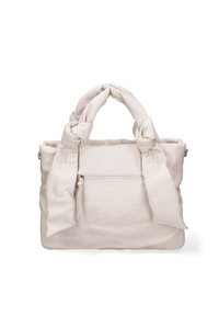 Witte faux leren tote bag met geknoopte handvaten, rechthoekige vorm, voorvak met rits en een gladde textuur. Minimalistisch ontwerp zonder patronen.