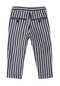 Pantaloni a righe in blu navy e crema, con taglio dritto, vita elastica e due tasche posteriori con chiusura a bottone.