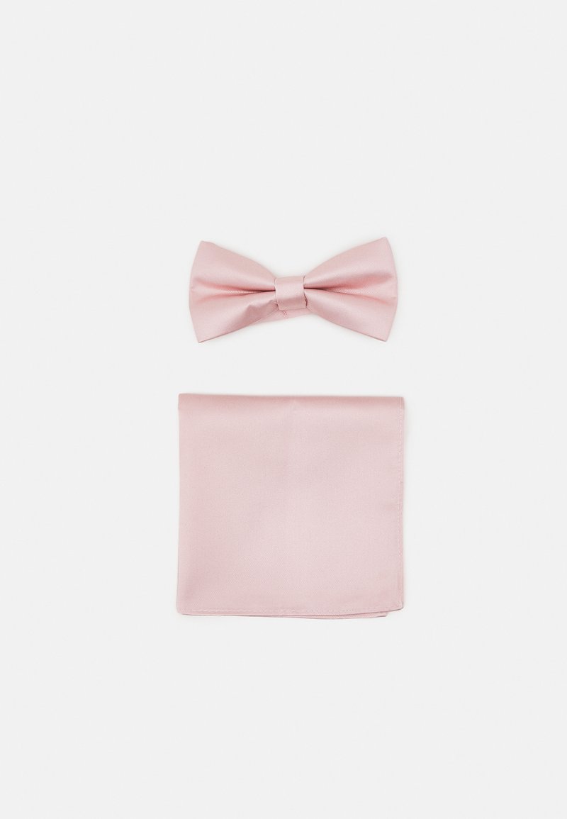 Light pink satin bow tie and pocket square, featuring smooth texture and sleek design, arranged vertically with the bow tie above the square.